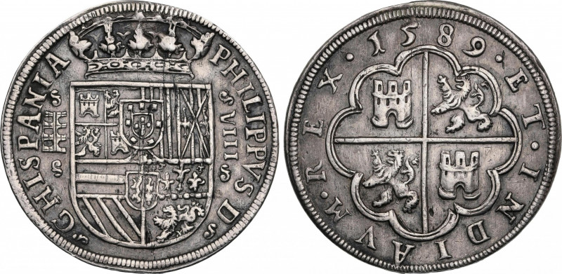 Philip II (1556-1598)
8 Reales. 1589. SEGOVIA. Anv.: Acueducto vertical de 3 ar...