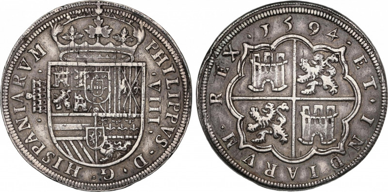 Philip II (1556-1598)
8 Reales. 1594. SEGOVIA. Anv.: Acueducto vertical de 5 ar...