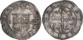 Philip II (1556-1598)
8 Reales. S/F. SEVILLA. Anv.: S - Escudo - VIII roel encima. Rev.: Ensayador P tumbada a la derecha del 4º cuartel. 27,23 grs. ...