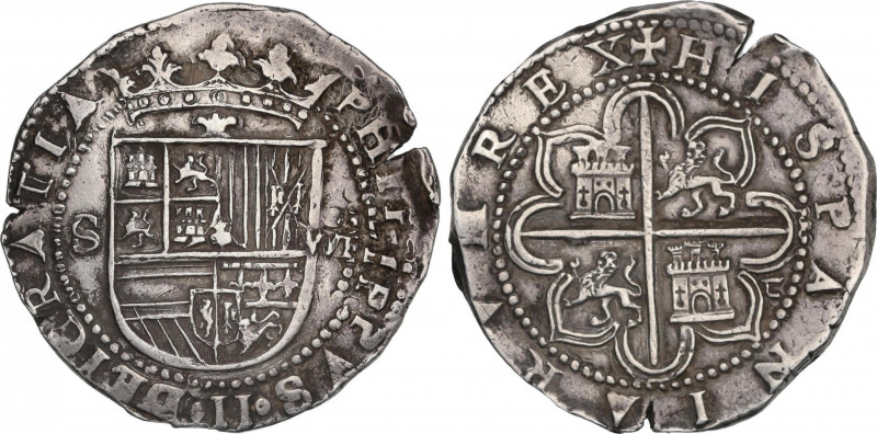 Philip II (1556-1598)
8 Reales. S/F. SEVILLA. P tumbada. Anv.: S - Escudo - VII...