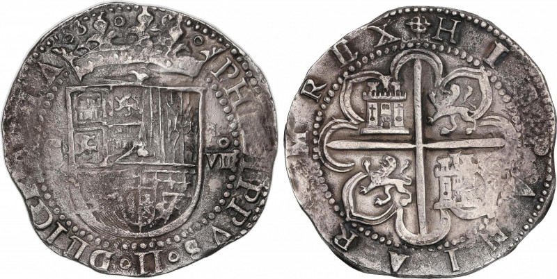 Philip II (1556-1598)
8 Reales. S/F. SEVILLA. P tumbada. Anv.: S - Escudo - VII...