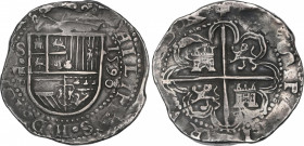 Philip II (1556-1598)
8 Reales. 1590. SEVILLA. P tumbada. Anv.: S / VIII roel encima / P tumbada - Escudo - 1590 en vertical (fecha completa). 27,17 ...