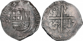 Philip II (1556-1598)
8 Reales. 1590. SEVILLA. H. Anv.: S / VIII roel encima / (H) poco visible - Escudo - 1590 vertical. 27,28 grs. Pátina oscura. R...