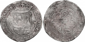 Philip II (1556-1598)
8 Reales. S/F. TOLEDO. (M). Anv.: (M) / T - Escudo - VIII roel encima. 26,06 grs. Rayitas. Muy rara. BC+. / Hairlines. Very rar...