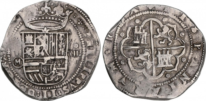 Philip II (1556-1598)
8 Reales. S/F. TOLEDO. M. Anv.: T roel encima / M dentro ...