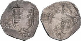 Philip II (1556-1598)
8 Reales. 1597. TOLEDO. C. Anv.: T roel encima / C - Escudo - VIII vertical. Rev.: Solo visible la parte inferior de la fecha. ...