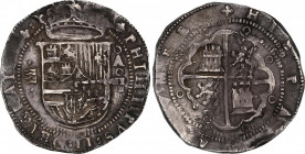 Philip II (1556-1598)
8 Reales. S/F. VALLADOLID. A. Anv.: Cuatro girones entre puntos - Escudo - A roel encima / VIII roel encima. 27,45 grs. Pátina ...