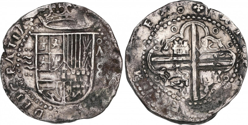 Philip II (1556-1598)
8 Reales. S/F. VALLADOLID. A. Anv.: Tres girones entre 2 ...