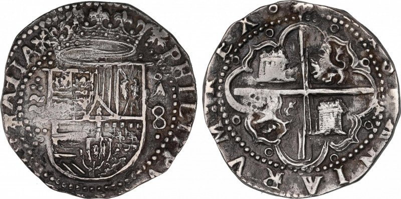 Philip II (1556-1598)
8 Reales. S/F. VALLADOLID. A. Anv.: Tres girones entre 3 ...