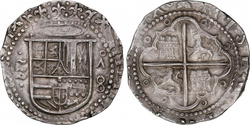 Philip II (1556-1598)
8 Reales. S/F. VALLADOLID. A. Anv.: Tres girones entre pu...