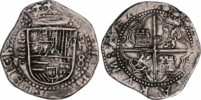 Philip II (1556-1598)
8 Reales. S/F. VALLADOLID. F/A. Anv.: Tres girones entre ...