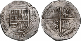 Philip II (1556-1598)
8 Reales. 1590. VALLADOLID. F. Anv.: 90 horizontal / tres girones, debajo punto - Escudo - F encima roel / 8. 27,27 grs. Muy ra...