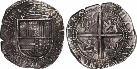 Philip II (1556-1598)
8 Reales. 1598. VALLADOLID. D. Anv.: D roel encima / tres girones - Escudo - VIII vertical. 27,37 grs. Tipo OMNIVM. Orla de pun...