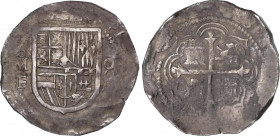 Philip III (1598-1621)
8 Reales. S/F. MÉXICO. F. Anv.: M roel encima / F - Escudo - 8. 27,45 grs. Acuñada entre 1598-1606. Oxidaciones. MBC. / Struck...