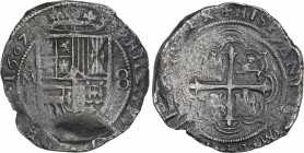 Philip III (1598-1621)
8 Reales. 1607. MÉXICO. F. Anv.: M roel encima / F - Escudo - 8. 23,75 grs. Oxidaciones. Escasa. MBC. / Corrosions. Scarce and...