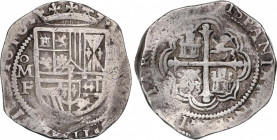 Philip III (1598-1621)
8 Reales. 1610/9. MÉXICO. F. Anv.: M roel encima / F - Escudo - (8). 27,49 grs. Rectificación de fecha visible en la parte sup...