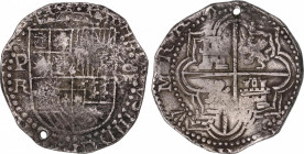 Philip III (1598-1621)
8 Reales. S/F. POTOSÍ. R. Anv.: P / R - Escudo - VIII roel encima. 25,94 grs. Acuñada entre 1603-1612. Perforación. MBC-. / St...