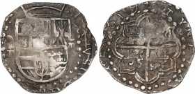 Philip III (1598-1621)
8 Reales. 1619. POTOSÍ. T. Anv.: P / T - Escudo - VIII roel encima. 26,95 grs. Pátina oscura. Muy escasa. MBC. / Dark patina. ...