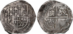 Philip III (1598-1621)
8 Reales. 16Z0/9?. POTOSÍ. T. Anv.: P / T - Escudo - 8. 27.,02 grs. El valor en 8 arábico podría indicar que pertenece al rein...