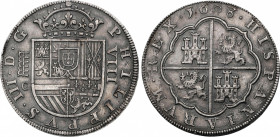 Philip III (1598-1621)
8 Reales. 1608. SEGOVIA. C. 26,12 grs. Oxidaciones limpiadas. Escasa. EBC. / Corrosions cleaned. Scarce and extremely fine. AC...