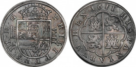 Philip III (1598-1621)
8 Reales. 1611. SEGOVIA. C. 26,98 grs. Pátina grisacea oscura. Escasa. EBC-. / Dark grayish patina. Scarce and almost extremel...