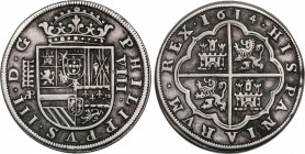 Philip III (1598-1621)
8 Reales. 1614. SEGOVIA. AR. 26,54 grs. 4 flores de lis en escudo del anverso. MBC+. / 4 fleur-de-lis on the obverse arms. Cho...