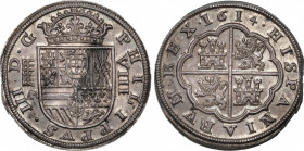 Philip III (1598-1621)
8 Reales. 1614. SEGOVIA. AR. Encapsulada por NGC MS 65 (nº 5781054-024). 27,31 grs. 6 flores de lis en escudo del anverso. Bri...