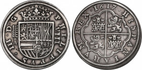 Philip III (1598-1621)
8 Reales. 1617. SEGOVIA. A cruz encima. 26,22 grs. 5 flores de lis en escudo del anverso. MBC+. / 5 fleur-de-lis on the obvers...