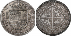 Philip III (1598-1621)
8 Reales. 1617. SEGOVIA. A cruz encima. 26,68 grs. Variante punto entre 16 y 17 de la fecha. Cospel segmentado. Rara así. EBC....