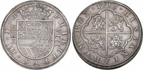 Philip III (1598-1621)
8 Reales. 1618. SEGOVIA. A cruz encima. 26,28 grs. 5 flores de lis en escudo del anverso. Rara así. EBC. / 5 fleur-de-lis on t...