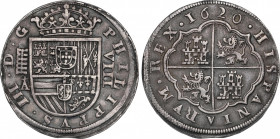 Philip III (1598-1621)
8 Reales. 1620. SEGOVIA. A cruz encima. Anv.: 3 flores de lis alineadas en escudo del anverso. Rev.: La V de HISPANIARVM es un...