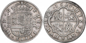 Philip III (1598-1621)
8 Reales. 1620. SEGOVIA. A cruz encima. Anv.: 3 flores de lis no alineadas en escudo del anverso. Rev.: Las V de PHILIPPVS e H...