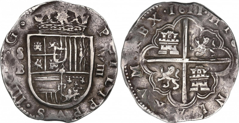 Philip III (1598-1621)
8 Reales. 1611. SEVILLA. B. 27,21 grs. Rara en esta cali...