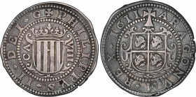 Philip III (1598-1621)
8 Reales. 1611. ZARAGOZA. 26,48 grs. Con punto en medio del escudo. Pátina. Muy rara. MBC. / Dot at the center of the arms. Pa...