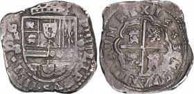 Philip IV (1621-1665)
8 Reales. 1643. MADRID. B. Anv.: MD vertical / B - Escudo - 8. 27,5 grs. Leyenda perfectamente visible. En el reverso empieza a...