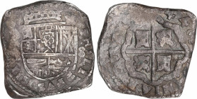 Philip IV (1621-1665)
8 Reales. 1644. MADRID. B. Anv.: (MD vertical) / B - Escudo - 8. 27,31 grs. Pátina oscura irregular. Muy escasa. MBC. / Uneven ...
