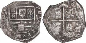 Philip IV (1621-1665)
8 Reales. 1650. MADRID. I.B. Anv.: MD vertical / (I)B - Escudo - 8. 24,39 grs. Variante de ensayador no contemplada en ningún c...