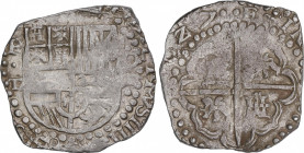 Philip IV (1621-1665)
8 Reales. (1)627. POTOSÍ. T. Anv.: P / T - Escudo - o / VIII. 26,32 grs. Variante con sobrefecha debajo del 2 y con marca de ce...