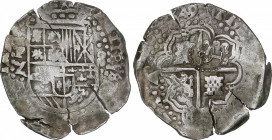 Philip IV (1621-1665)
8 Reales. 1649. POTOSÍ. Z. 24,82 grs. Contramarca L coronada en reverso. Grietas. MBC. / Countermark crowned L on reverse. Edge...