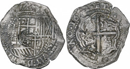 Philip IV (1621-1665)
8 Reales. 1652. POTOSÍ. E. Anv.: P / E - Escudo - 8 / E. 23,56 grs. Contramarca letra coronada en anverso. Leves oxidaciones li...