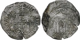 Philip IV (1621-1665)
8 Reales. 1652. POTOSÍ. E. Rev.: F - 8 - IIII / PLV-SVL-TRA / E - punto - E. 24,81 grs. Variante con punto en lugar de 8 en rev...