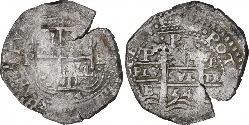 Philip IV (1621-1665)
8 Reales. 1654. POTOSÍ. E. Anv.: 8 debajo de corona. Rev....