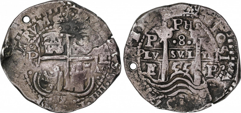 Philip IV (1621-1665)
8 Reales. 1655. POTOSÍ. E. Rev.: PH debajo de la corona. ...