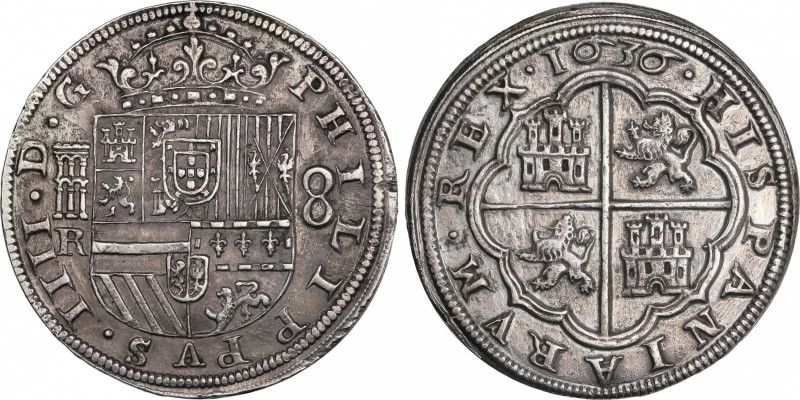 Philip IV (1621-1665)
8 Reales. 1636. SEGOVIA. R. 26,88 grs. La V de PHILIPPVS ...