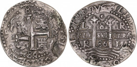Charles II (1665-1700)
8 Reales. 1686. LIMA. R. Encapsulada por NGC XF DETAILS, PLUGGED (nº 5779586-031). Anv.: Final leyenda: (HISPANIARV)M.RS (P A)...