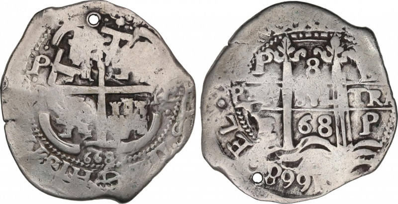 Charles II (1665-1700)
8 Reales. 1668. POTOSÍ. E. 26,53 grs. Tres fechas visibl...