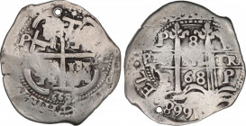 Charles II (1665-1700)
8 Reales. 1668. POTOSÍ. E. 26,53 grs. Tres fechas visibles. Perforación. MBC. / Three visible dates. Holed. Very fine. AC-699;...