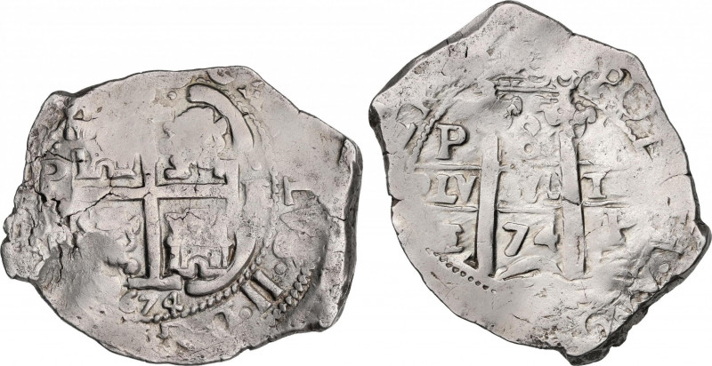 Charles II (1665-1700)
8 Reales. 1674. POTOSÍ. E. 25,56 grs. Dos fechas visible...