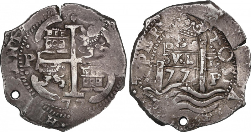 Charles II (1665-1700)
8 Reales. 1677. POTOSÍ. E. 27,24 grs. Dos fechas visible...