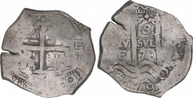 Charles II (1665-1700)
8 Reales. 1678. POTOSÍ. E. 27,35 grs. Tres fechas visibles. Fecha de dos cifras en anverso. MBC. / Three visible dates. Two di...